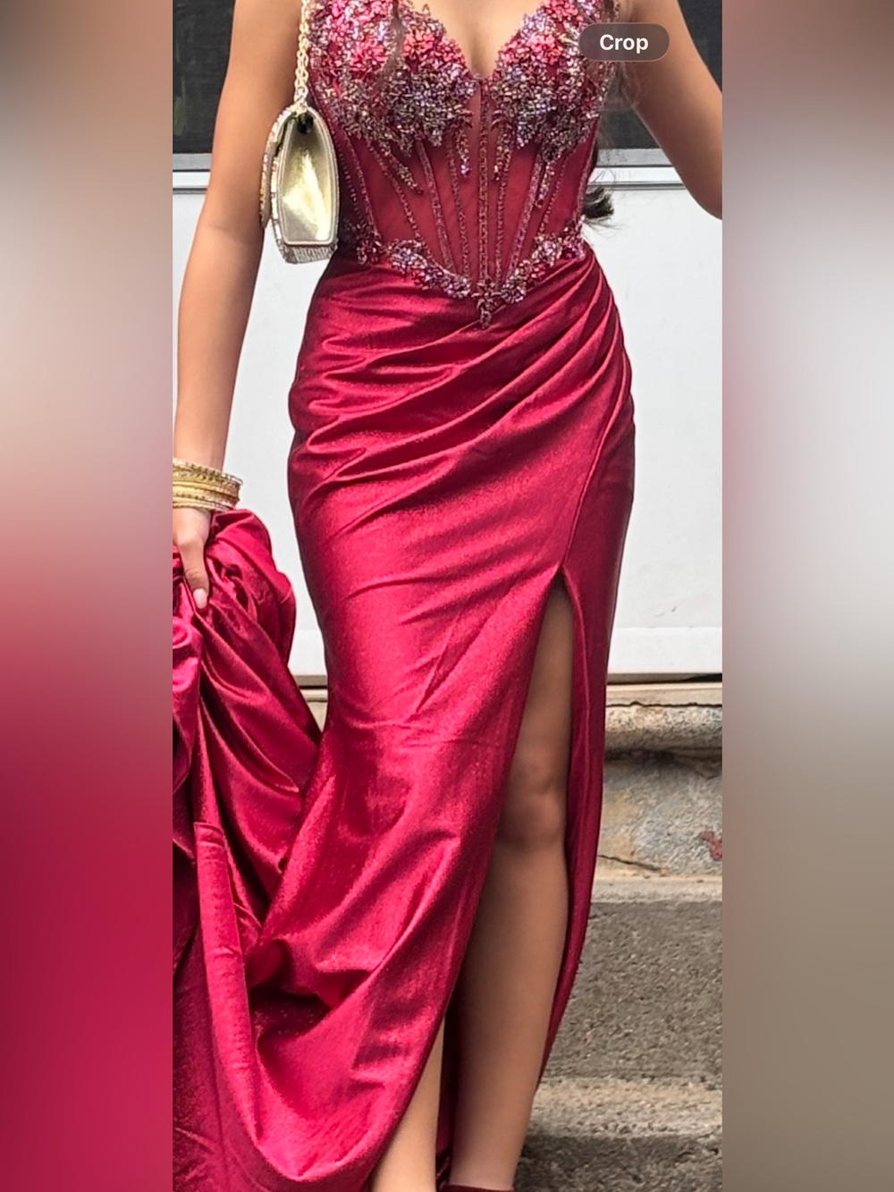 Prom dress bridesmaids gown wedding reception Embellished Red Satin Evening Gown